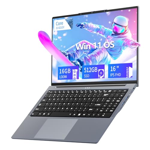 Zonatrix 16 Pulgadas Ordinateur Portable, Core I5-8210Y Procesador Win11 PC Portable, 16GB RAM 512GB SSD Laptop, 1920 * 1080 IPS FHD Écran, Clavier Rétroéclairé, Mini-HDMI/USB3.0/Type-C/+TF Card Slot