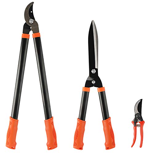 Sparkfire 3 Pieces Garden Tools Set Hedge Shears Bypass Loppers Hand Pruner Shears, Heavy Duty Garden Shears Set Tree Pruner Shrub Care Kit