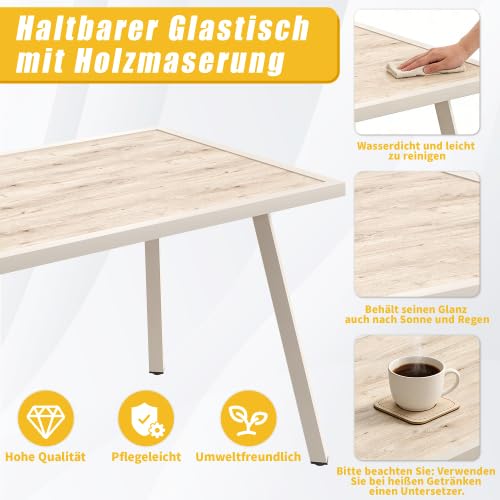 Merax L-förmiges Gartensofa Set für 8 Personen – Wetterfestes Outdoor Sofa mit 2 handgeflochtenen Sesseln, Rostgeschütztem Eisengestell, 1 Tisch mit Holzoptik-Glasplatte, Beige Kissen