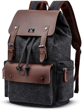 REDHORNS Vintage Canvas Backpack for Men & Women, Eco-Friendly Hiking, College Rucksack - Fits 15.6-Inch Laptop, Water-Resistant, Made with Sustainable Canvas & Vegan Leather - (Black)