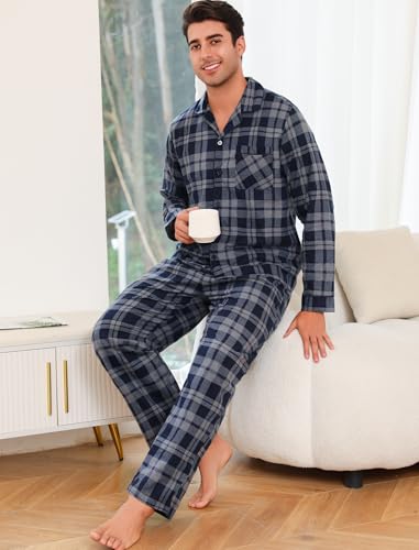 ENJOYNIGHT Mens 100% Cotton Flannel Pajamas Set Plaid Button Pjs Long Sleeve Sleepwear3