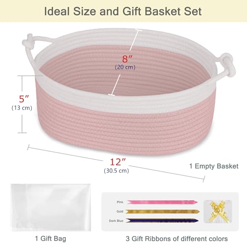 Image of Small Empty Gift Basket with Bag & Ribbons, White & Dusty Pink