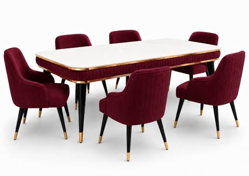 Image of WOODEN SPACE 6-Seater Wooden Dining Table Set | Nano Composite Marble Top | Solid Wood Base | Modern Dining Room Furniture with 6 Chairs (Maroon Modern Zyro)