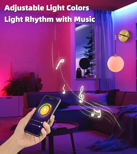 Image of Globe Wall Sconce Set of 2, Frosted White Glass Wall Lighting Fixtures with 2 Smart LED Bulbs for Bedroom Hallway Living Room Bathroom，Brass