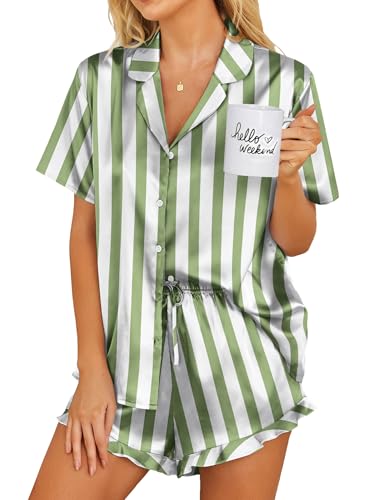 Image of Ekouaer Womens Satin Pajamas Set Button Down 2 Piece Silk Pjs Shorts Set Ruffle Lingerie Notch Collar Sleepwear