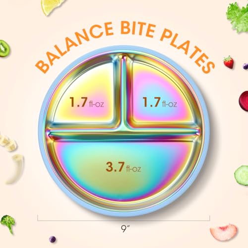 AIEVE Stainless Steel Kids Dinnerware Plates with Suction,2 Pack Round Divided Toddler Plates 9 inch with Removable Silicone Suction
