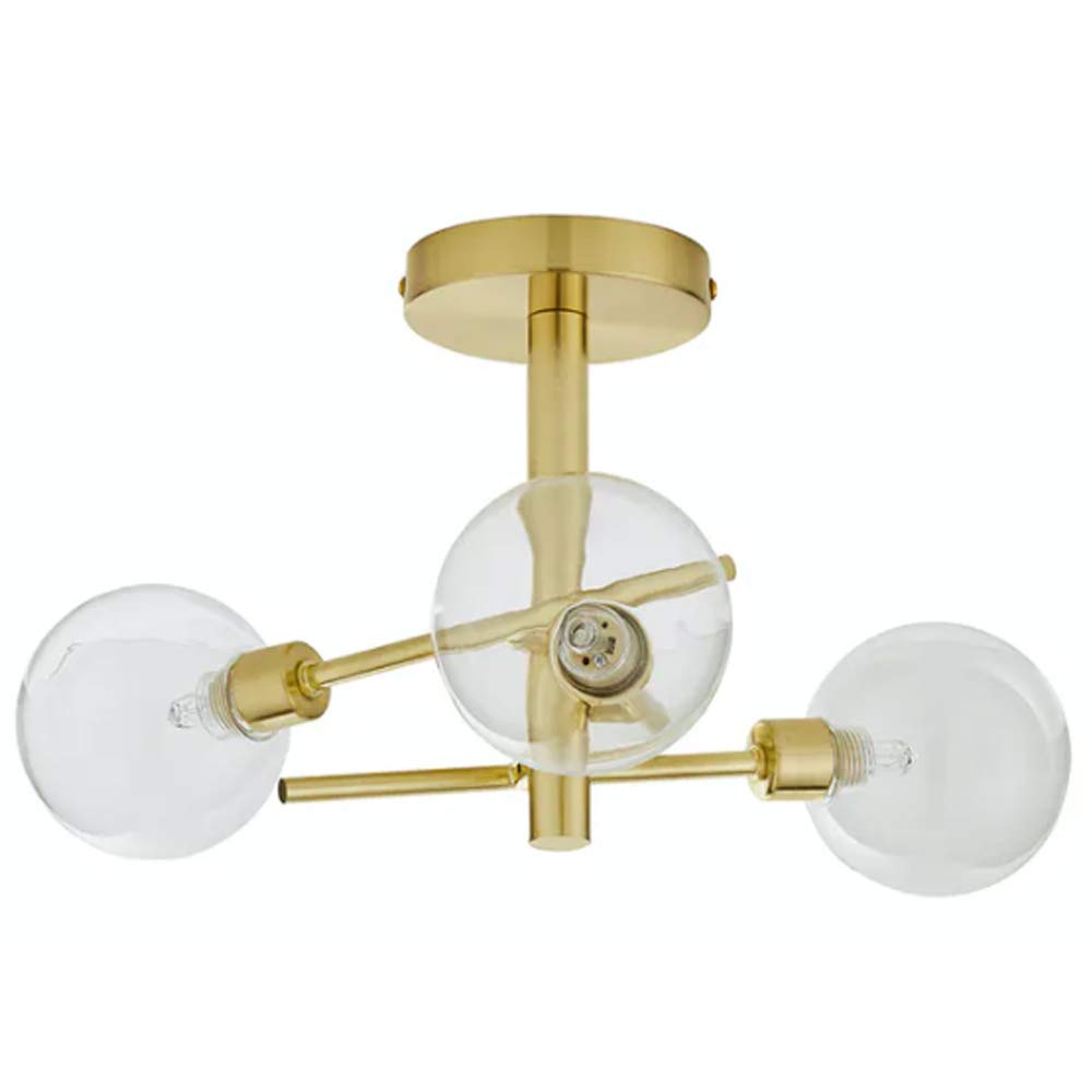 Litecraft Satin Brass Supa Semi Flush Ceiling 3 Light With Clear Glass Ball Shades - Brass