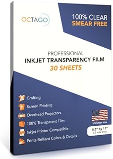 Octago Inkjet Transparency Paper (100% Clear) Transparency Sheets for Inkjet Printers, Color Inkjet Transparency Film, Acetate Sheets for Crafts, Premium Print, Clear Paper (8.5x11 Inches) - 30 Sheets