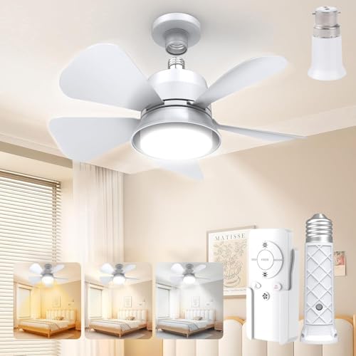 HZSANUE Ceiling Fan with Lights and Remote Control, E27 B22d Base,Small LED Ceiling Fans Lamp, LED Ceiling Light for Bedroom, 3 Fan Speeds,3 Colors Dimmable, Kitchen, Living Room, Pack of 1
