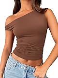 Trendy Queen Women's Off The Shoulder Crop Top, Sleeveless Stretchy Bodycon Tank, Y2K Fashion Sling T-Shirt for Summer Brown S
