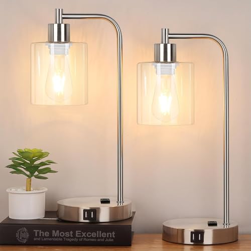 Industrial Touch Control Table Lamps Set of 2 - Brushed Nickel Nightstand Bedside Lamps with 2 USB Ports & AC Outlet, 3-Way Dimmable Desk Lamp for Bedroom Living Room, Glass Shade & LED Bulbs Included by Nintiue - Used condition - US$38.51