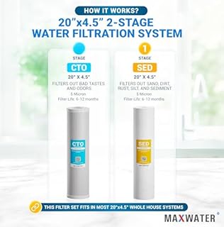 Max Water 2-Stage Whole House Water Filter System - 20" Clear Housings with 1" NPT Ports - 4.5" x 20" PP Sediment + CTO Carbon Filter, Ball Valve, Fittings & Wrench – Compatible with WGB22B