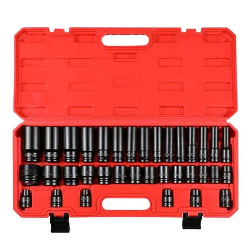 LYSTAO 1/2 Impact Sockets Set 35PCS 6 Point Deep Socket Tool Drive Jumbo Impact Socket Kit for Garage Workshop SAE & Metric 8-32 MM