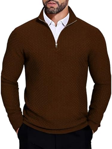 Image of TYSORT Men High Neck Zipper Full Sleeve Waffle Knitted Winter Sweater,Waffle Knit Sweater for Men