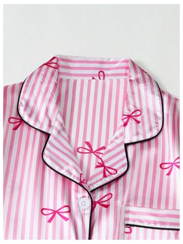 Verdusa Women's 2 Piece Satin Pajamas Short Sleeve Button Down Top and Shorts Set3