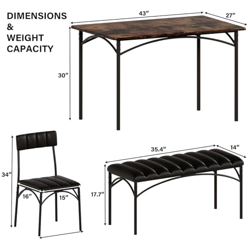 4 EVER WINNER Dining Table Set for 4, Kitchen Table with Upholstered Bench and 2 Chairs, Dining Room Table Set for Small Space, Apartment, Kitchen, Rustic Brown - Thumbnail 2