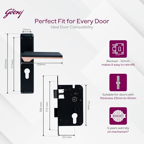 Image of Godrej Mortise Lock | 200mm Plate | 8 inch Handle | NEH 23 | Double Throw Deadbolt | 3 Keys | Reversible Left /Right Handed | Door Lock for Home, Main Door | Matte Black Rose Finish | 1 Year Warranty