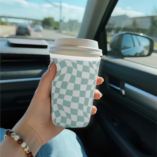Image of Reusable Insulated Sleeve for Iced Coffee Cup, Coffee Neoprene Sleeve for Cold & Hot Drinks, Beverage Holder for Iced Coffee (Wavy Grid, Small: 16-18oz)