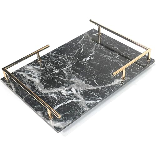 PuTwo Marble Tray for Perfume and Jewelry MDF Organizer with Metal Handle Decorative Catchall Trinket Dish for Dresser Bathroom Vanity Table Desktop