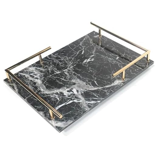 PuTwo Decorative, MDF Marble Print, Handmade Vanity, Perfume Jewelry Metal Handle, Trinket, Catchall Tray, for Dresser Bathroom Table, Black