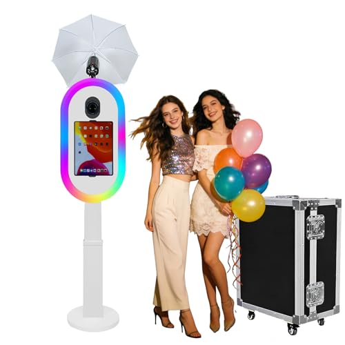 Photo Booth Compatible with iPad 10.2-13 and for DSLR Camera Portable Selfie Photobooth Machine with Flashlight and Height Adjustable for Party Wedding Events (White Photo Booth Machine)