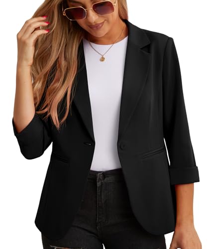 GRECERELLE Womens Blazers Casual 3/4 Sleeves Jackets Suiting & Blazers Notched Lapel Solid Elegant Coat Work Office Formal Top Outerwear with Pockets Buttons for Women UK (A01 Black 12)