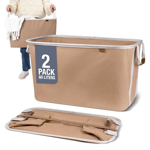 Image of CleverMade Collapsible Laundry Basket LUXE 2 Pack - 60L (16 Gal) Foldable Cotton Blend Clothes Hamper with Vegan Leather Accents, Reinforced Handles, Space Saving Laundry Bin Holds 55 lbs - Mocha