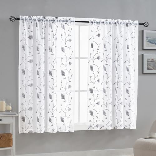 Image of Sheer Curtains White-Grey 63 Inches, Floral Embroidery Rod Pocket Voile Drape for Living room, Bedroom, Window Treatments Semi Crinkle Curtain Panels for Yard, Patio, Villa, Parlor, Set of 2, 52 inchx 63 inch