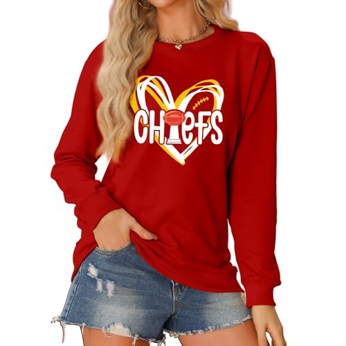 JDyymiys Football Sweatshirt Women Game Day Sweatshirts Football Team Fans Pullover Shirt Heart Graphic Long Sleeve Tops Red Large