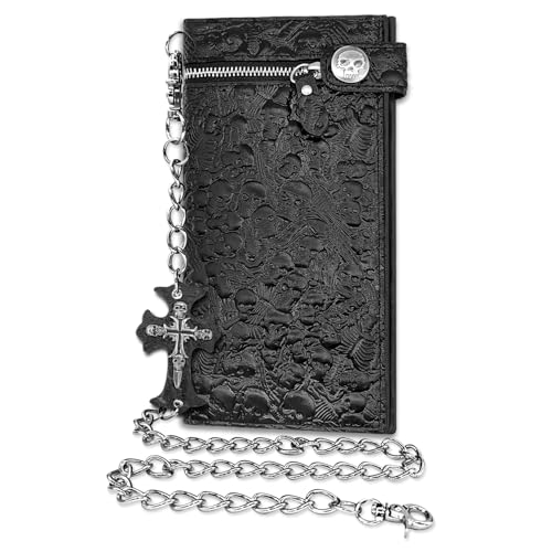 Long Chain Wallet Leather Skull Gothic Punk Bifold Halloween Goth Accessories,Unisex - Midnight Black