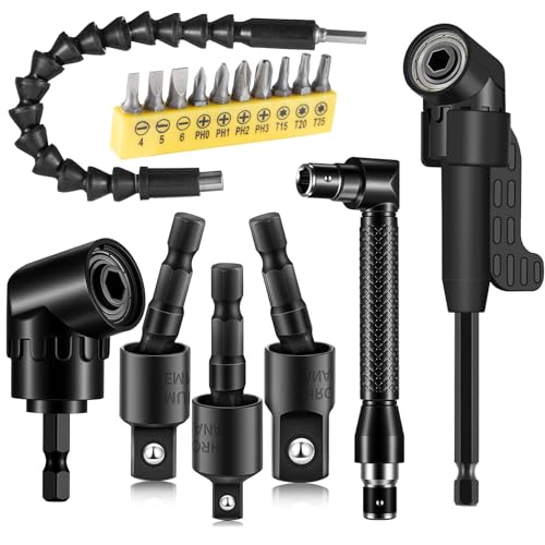 17Pcs Flexible Drill Bit Extension Include 3Pcs Rotatable Socket Adapter 2Pcs Hex Shank 105 Right Angle Drill Attachment 10 Short Screwdriver Bits 90 Angled Bits and Bendable Extension
