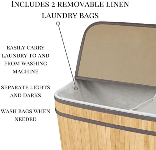 BRIAN & DANY 100L Bamboo Laundry Basket 2-Sectional Washing Box Bin Storage Hamper with Lid and Removable Liners, Natural