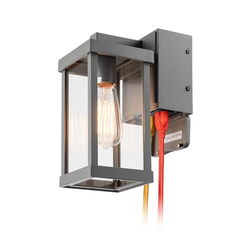 Image of mirrea 11 inch Classic Outdoor Wall Sconce with Built-in GFCI Outlet 1 Light in Rectangular Metal Frame and Clear Glass Shade Waterproof Porch Light Patio Light (Matte Gray)