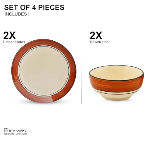 Image of Freakway Glossy Finish Brown and White Handcrafted Dinner Set Ceramic Stoneware Dinner Set of 4 Pieces | 2 Dinner Plates & 2 Serving Bowl | Dishwasher & Microwave Safe - Multicolor