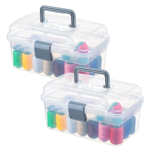 Leinuosen 2 Pcs 10.2 x 6.5 x 5.5 Inch Modern Multipurpose Storage Containers Plastic Storage Box with Removable Tray Handle (Transparent White)