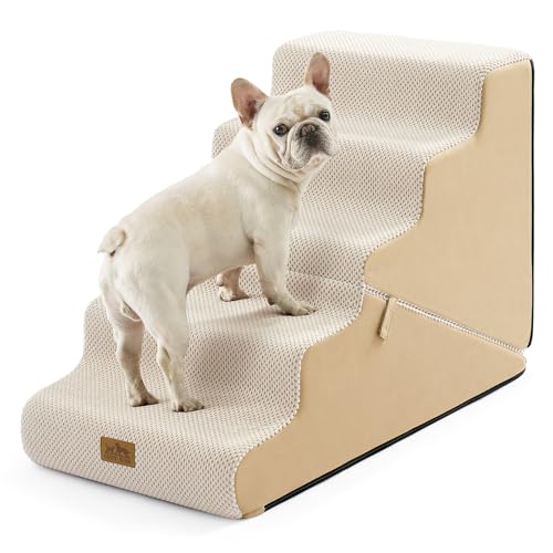 Image of COZY KISS Dog Stairs for Small Dogs, 5-Step 2-in-1 Dog Steps,22.4 inch H | 5-step dog stairs and ramps for Old Cats, Puppy, Small Dogs,Non-Slip Base,for Couch & Bed, Beige
