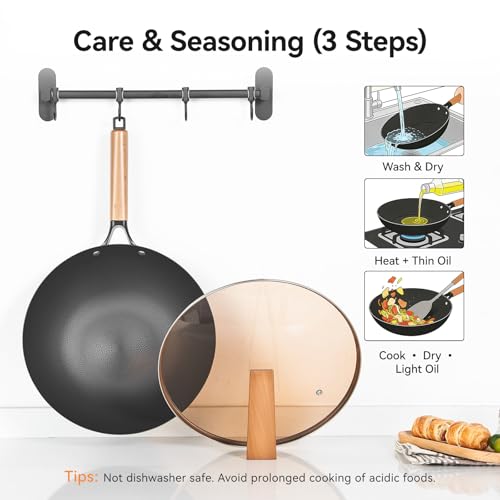 Image of WANGYUANJI 12.6 inch Carbon Steel Wok with Lid, Flat Bottom Wok Pan for Induction and Gas Stoves, Heavy Duty Unseasoned Asian Stir Fry Pan with Detachable Wooden Handle