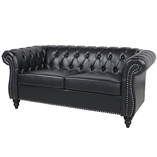 Image of LEVNARY Leather Sofa, Chesterfield Tufted Upholstered 2 Seater Couch, Modern Loveseat Couch Classic Furniture for Living Room Bedroom (Black)