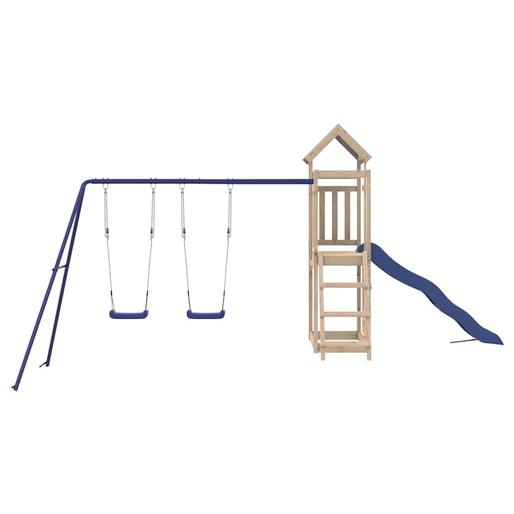 Torre da gioco in legno di pino massiccio con scivolo ondulato e doppia altalena, giocattolo da giardino per bambini dai 3 agli 8 anni, struttura da arrampicata con sabbiera, scala e altalena