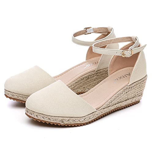 Image of Altxic Women's Closed Toe Canvas Ankle Strap Espadrilles Wedge Sandals