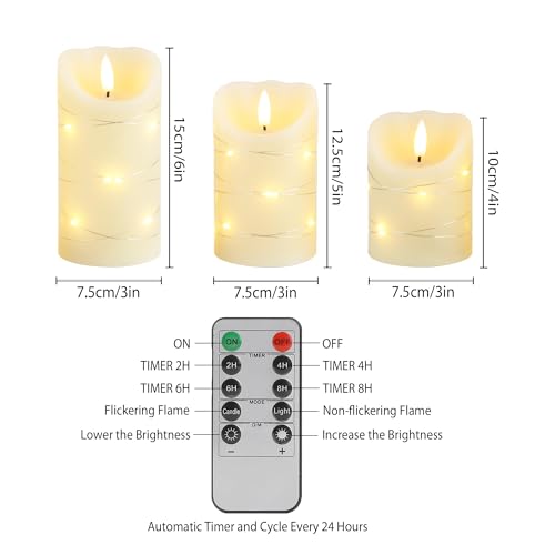 Image of JHY DESIGN Flickering Flameless Candles Real Wax Electric with Embedded String Lights, Battery Operated Pillar LED Candles for Gift, Christmas & Home Decorations, with Remote & Timer, Set of 3(Ivory)