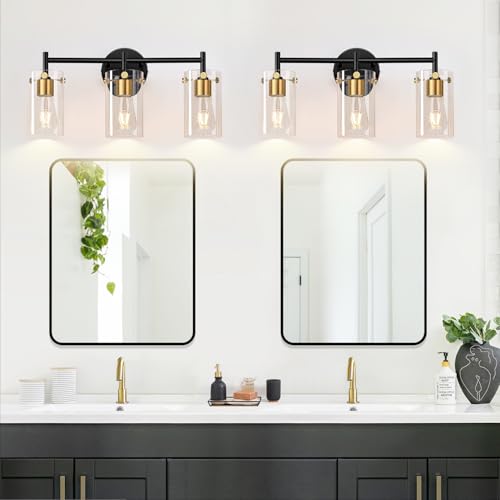 Image of Indoi Bathroom Light Fixtures, 3-Light Black and Gold Vanity Light, Black Bathroom Lights Over Mirror with Clear Glass Shade for Mirror Bedroom Living Room (Pack of 2)