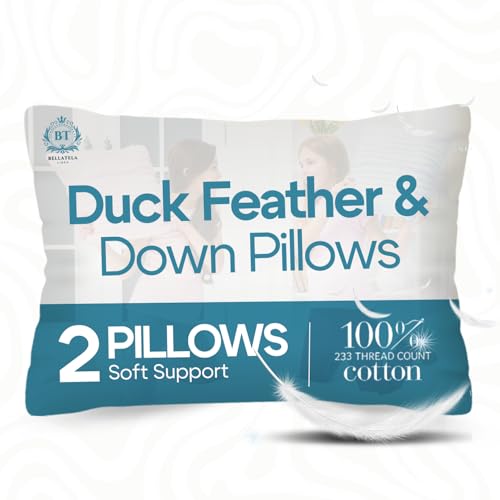 Bellatela Soft Duck Feather Pillows 2 Pack (48x74) | Hotel Quality Down Pillows - Support Neck & Back - Front Sleeper - Washable & Hypoallergenic