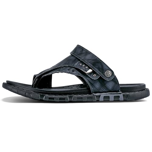 Men's Leather Sandals with Adjustable Strap Black Slip-On Beach Sandals Thong Open Toe Arch Support Non-Slip Soft Comfortable Slide Sandals2