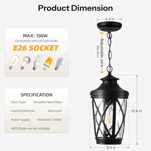 VIANIS Black Outdoor Pendant Light for Porch, Outdoor Hanging Chain Lamp by VIANIS - Used condition - Image 7