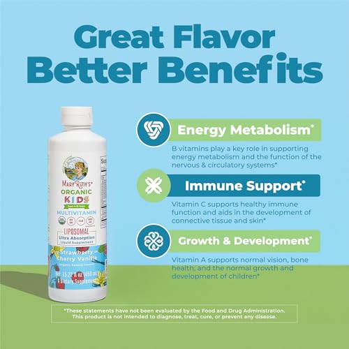 Image of MARYRUTH'S Organic Kids Multivitamin Liposomal | Sugar Free Multivitamin for Kids | Immune Support | Bone Health | Cognitive Health | Overall Wellness | USDA Organic | Vegan | Non-GMO | 15.22 oz