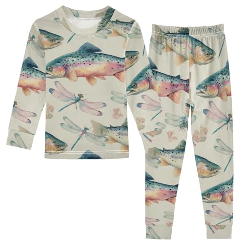 Pajama Sets Long Sleeve Fish Dragonfly Floral Background Soft Comfy Sleepwear 2 Piece PJS 3-8T