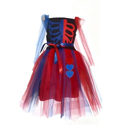 Clown Kostüme Mädchen Quinn Cosplay Kostüm mit Kleid Handschuh Perücken Tattoos Haarspange Baseballschläger Accessoires Cosplay Kostüme für Verkleidung Karneval Halloween Geburtstag Party (120cm)