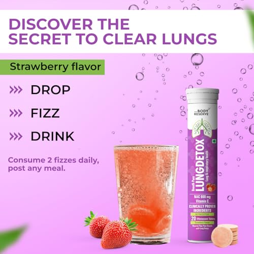 Image of The Body Reserve Lung Detox 60 Effervescent Tablets With N-Acetylcysteine 600mg and Vitamin C | Cleaner Lungs Detoxification and Immune Defence Strawberry Flavour (Pack Of 3)