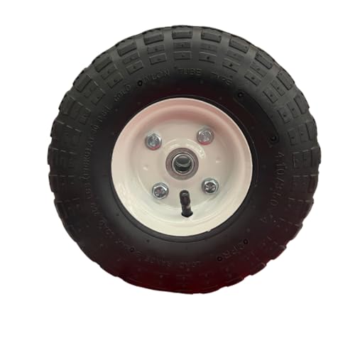 Generic 10 in. Pneumatic Tire with White Hub, Heavy Duty Steel hub with Enamel Finish, Quality Rubber casing with Inner Tube, Knobby Pattern Tread, Ball Bearing hub fits 5/8 in. axle, Black, 15458
